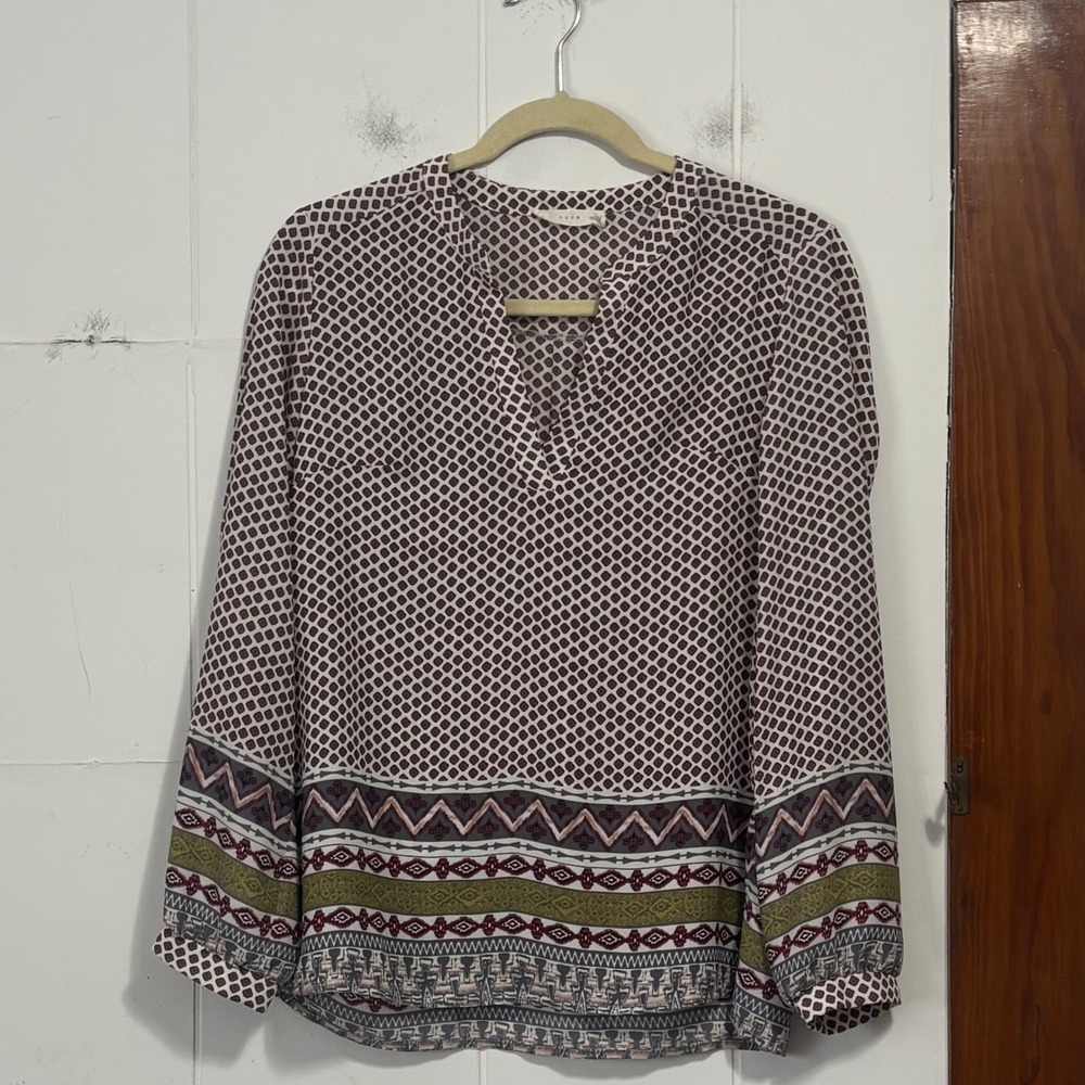 Lush Womens XS Geometric Southwestern Print V-Neck Long Sleeve Blouse